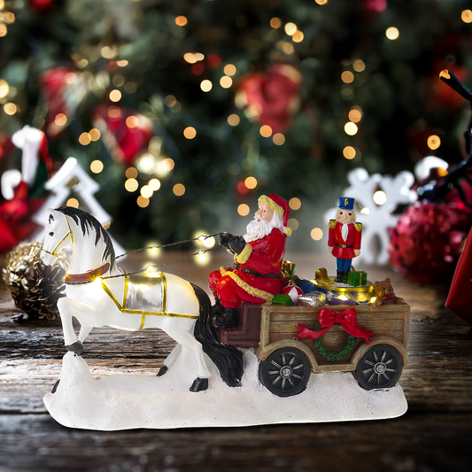 Père Noël avec cheval blanc, chariot et casse-noix de rotation