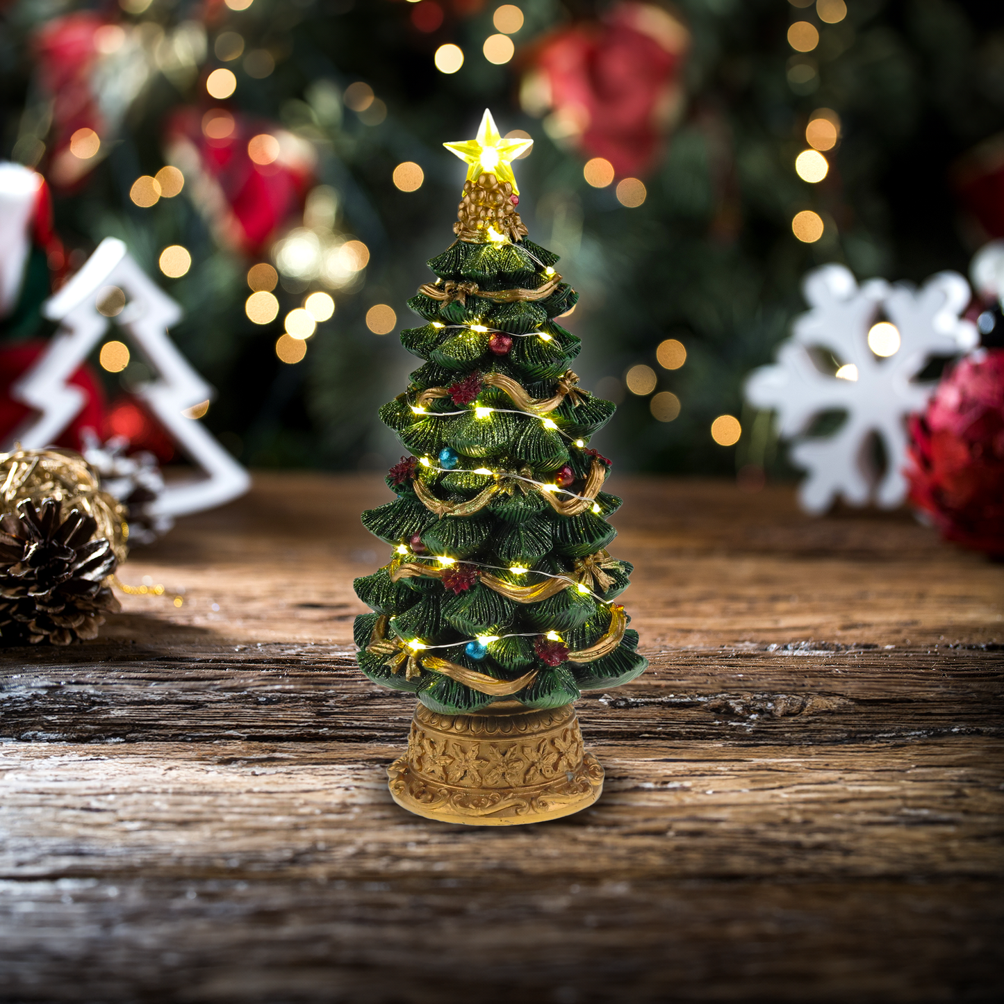 LED lit Christmas Tree - Christmas Village Scene - Santa's Light Shop