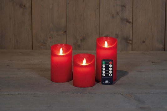 3 pcs Bougies en cire sans flamme LED - Rouge Rustique - avec télécommande